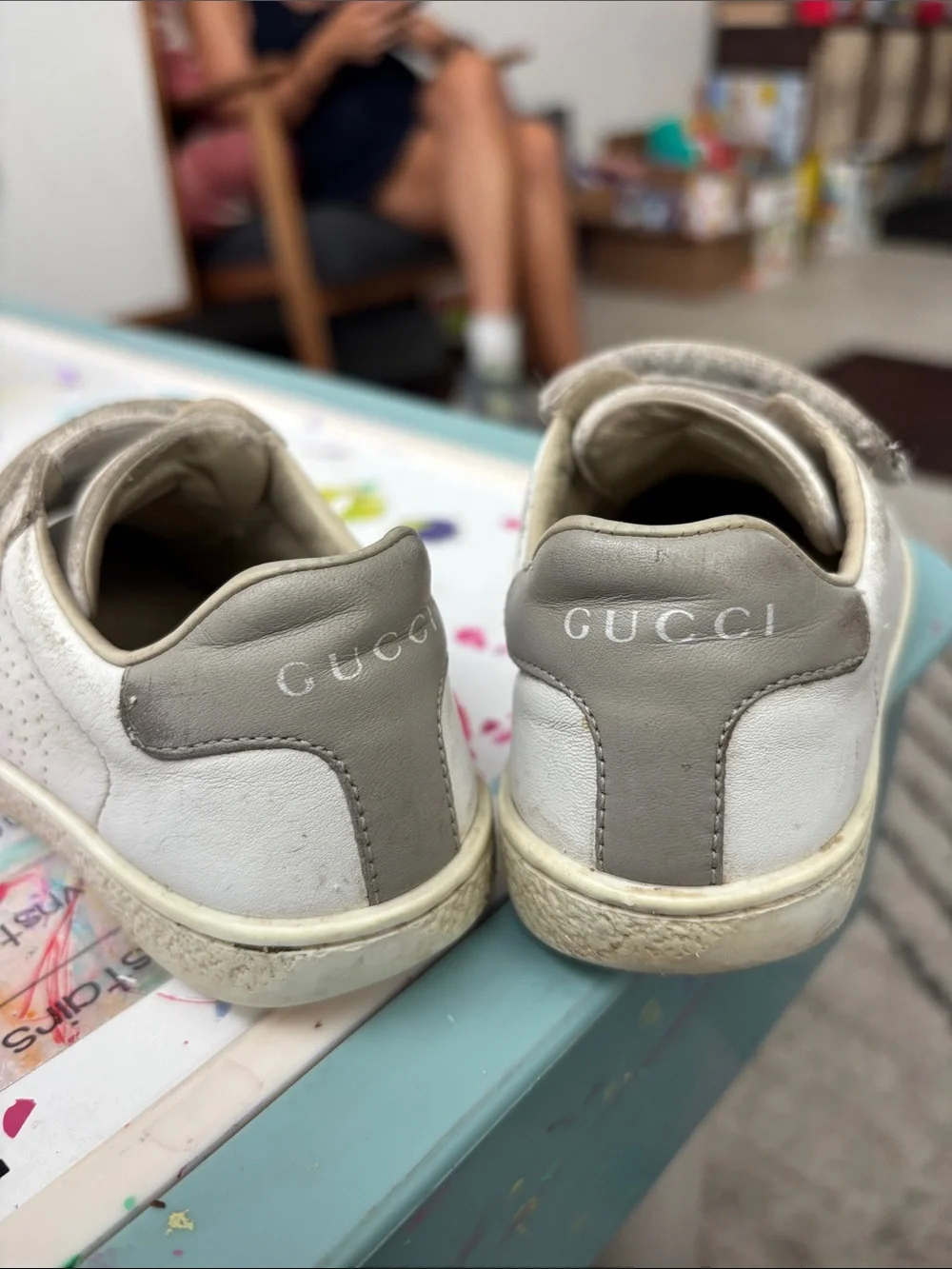 Gucci Kids White and Gray Leather Sneakers